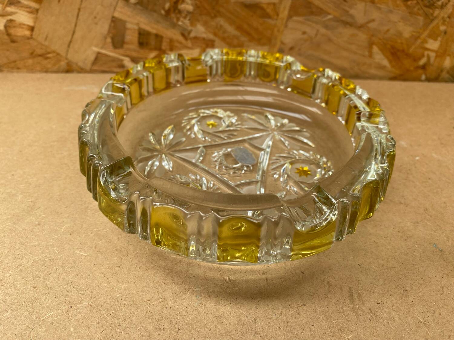 Antique Vintage Clear & Yellow Glass Ashtray