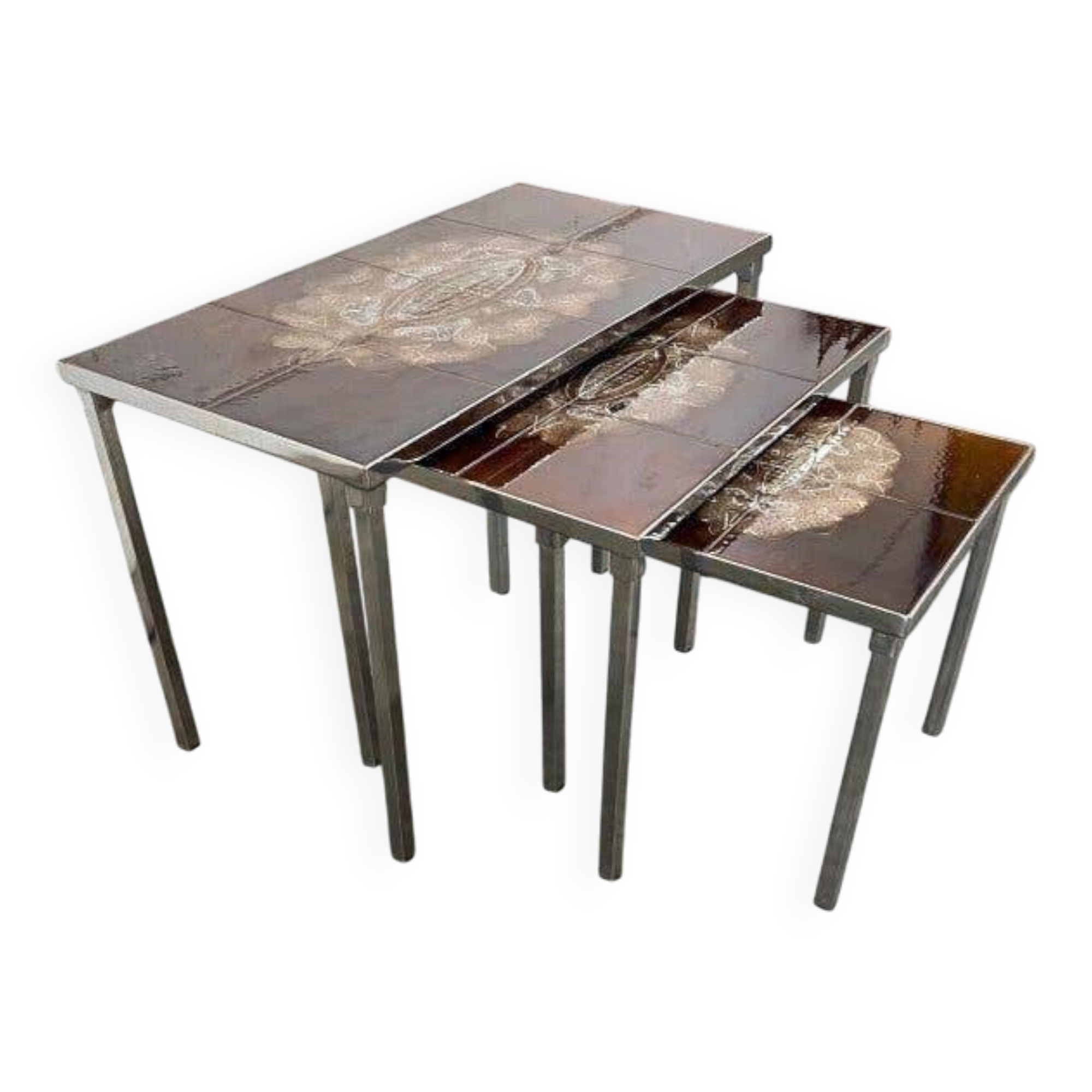 Ensemble de 3 tables gigognes vintage / tables d'appoint avec céramique