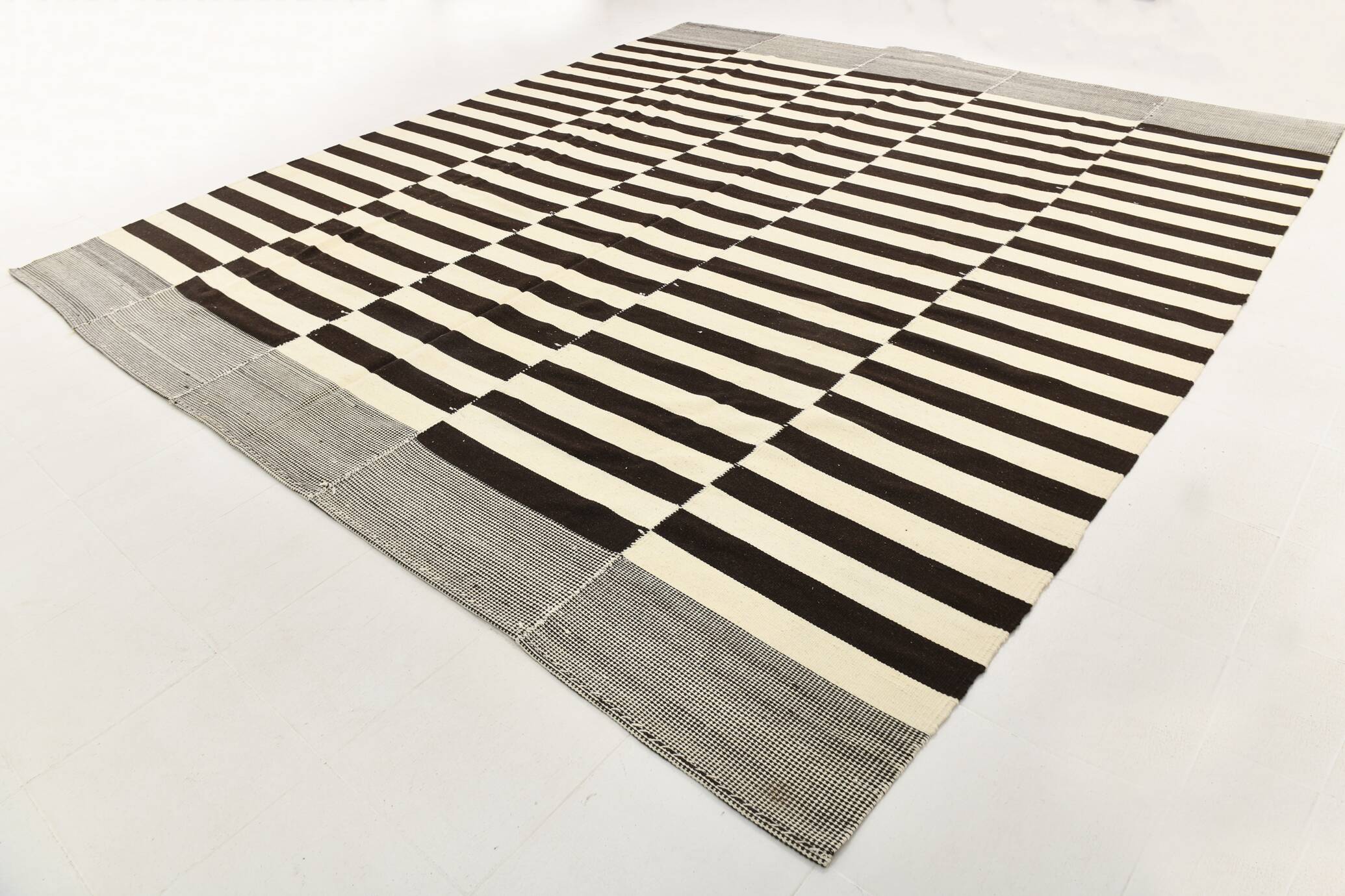 Beige & Dark Brown %100 Wool Hand Woven Vintage Kilim Rug, 378x410 Cm