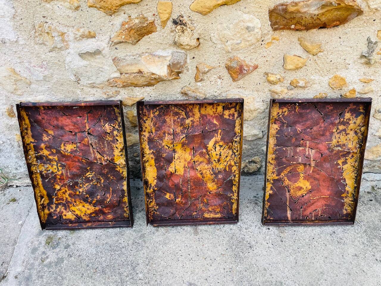 Set of three brutalist wall sculptures, by Irv Bramberg, vintage