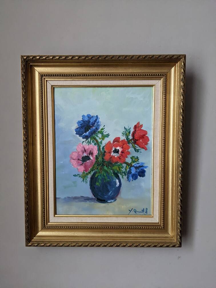 Acrylic painting on canvas, still life, anemones, bohemian countryside