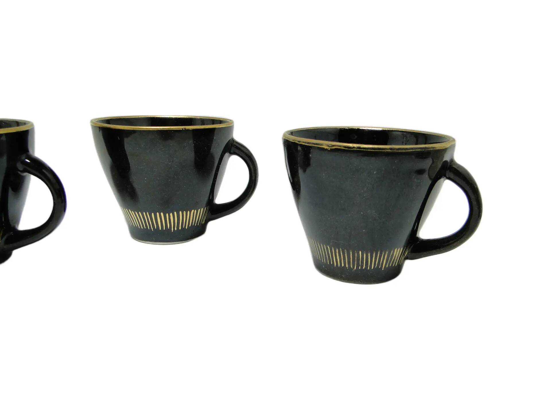 Set of three cups, mid-century modern, black ceramic, Poland, 1970s