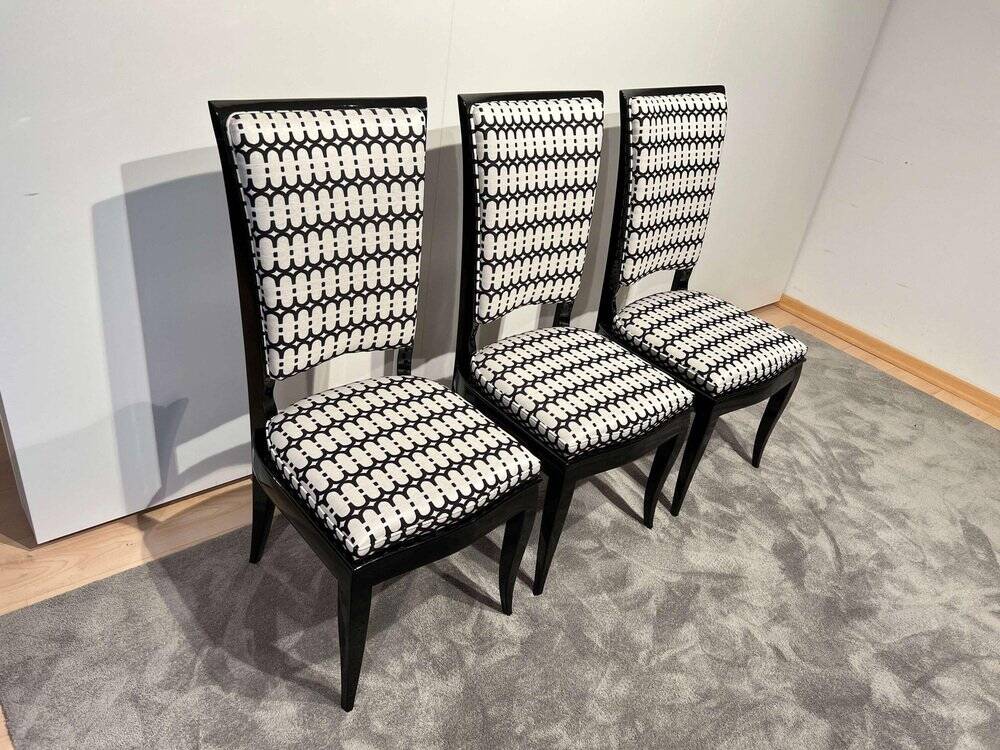 Art Deco High Back Black Lacquered Dining Chairs, France, 1930s, Set of 6