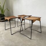 Set of three Raoul Guys wicker and metal stools