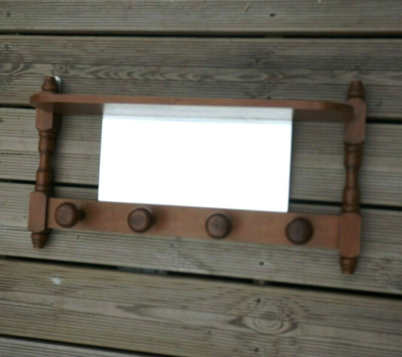 Vintage wooden wall coat rack with mirror and hooks, French, 3529