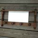 Vintage wooden wall coat rack with mirror and hooks, French, 3529