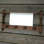 Vintage wooden wall coat rack with mirror and hooks, French, 3529