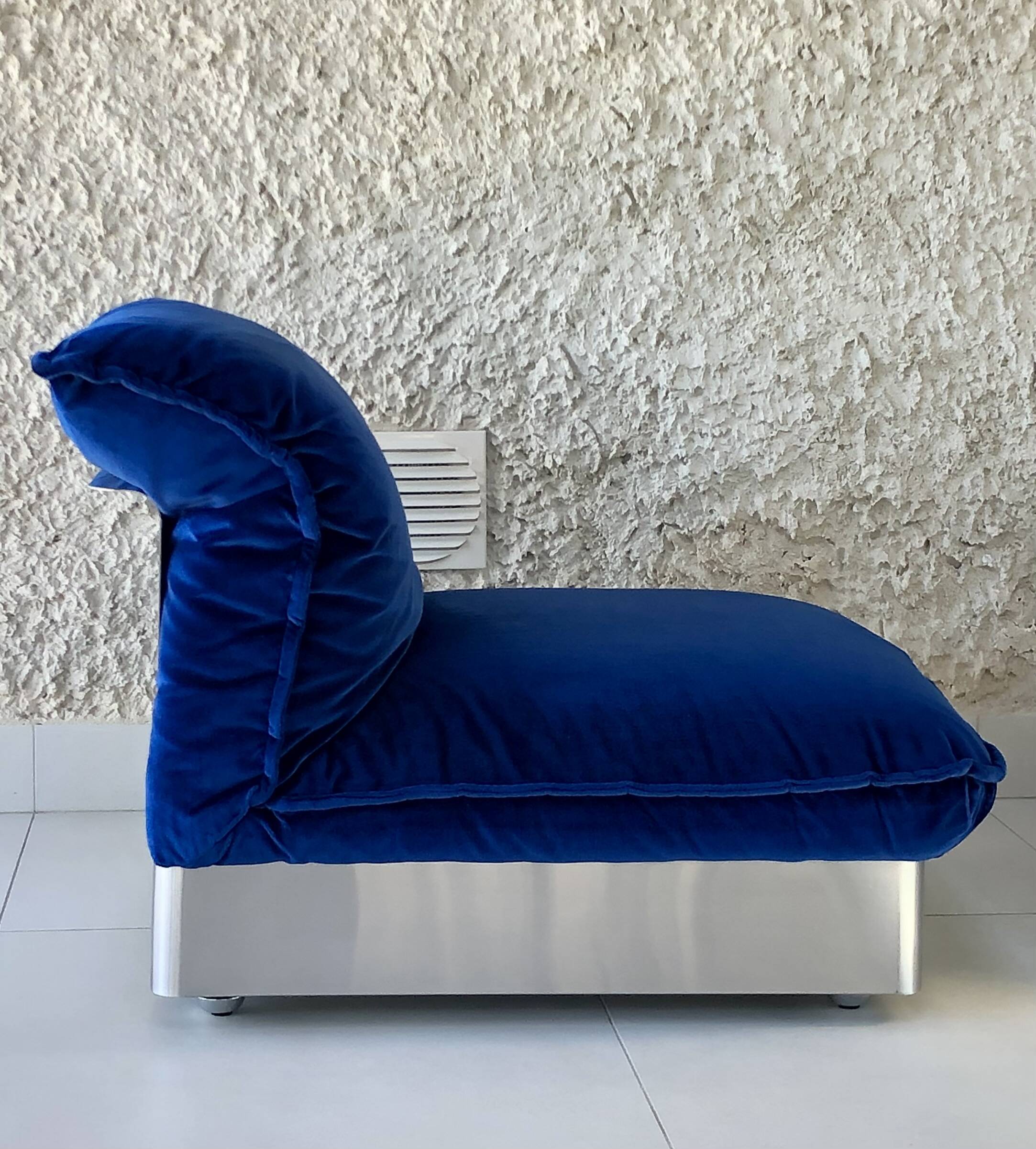 Stainless steel and royal blue velvet armchair, France, 1970s