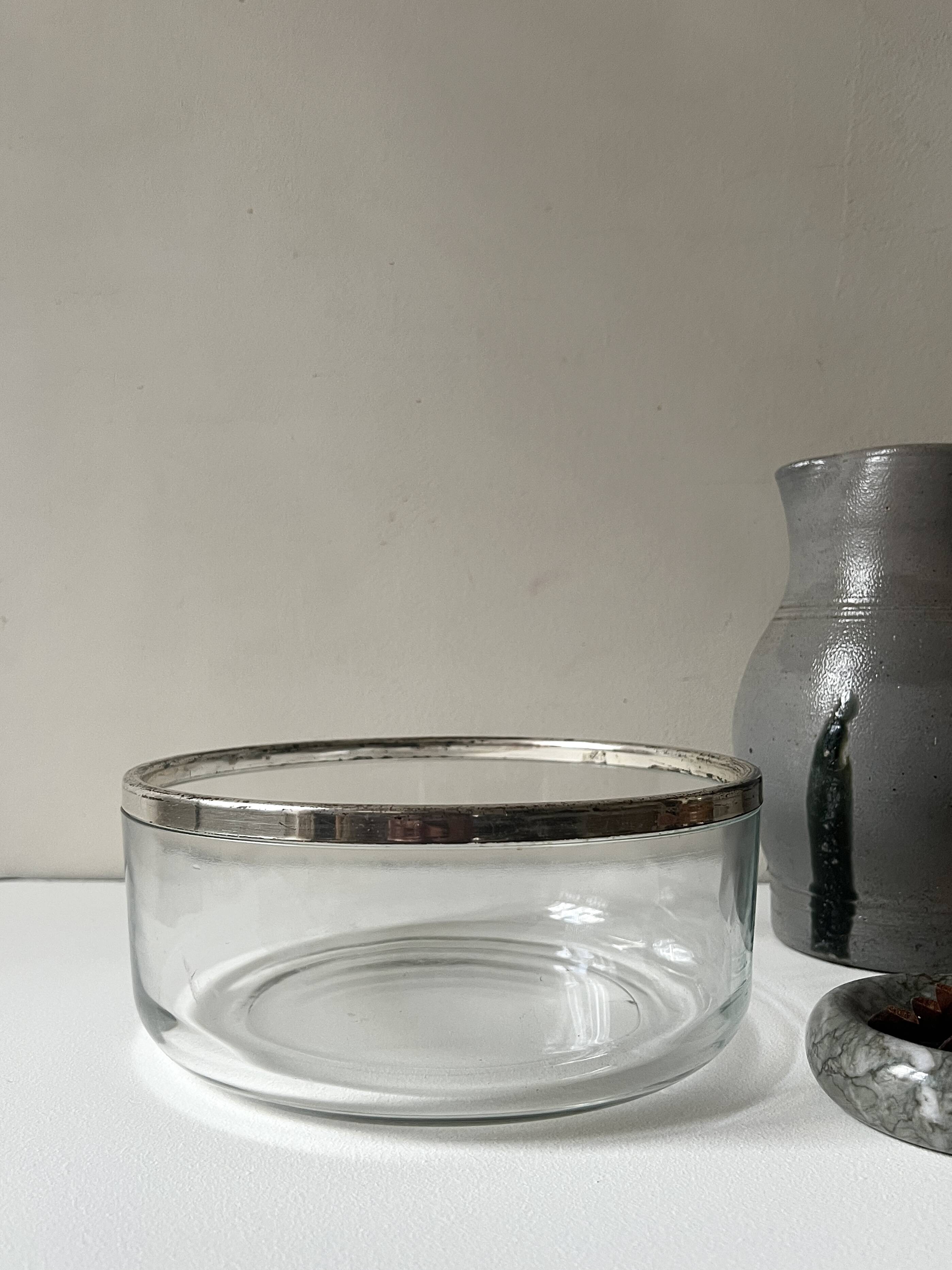 Large glass salad bowl with chrome metal rim, Bormioli Rocco Italy 1970.