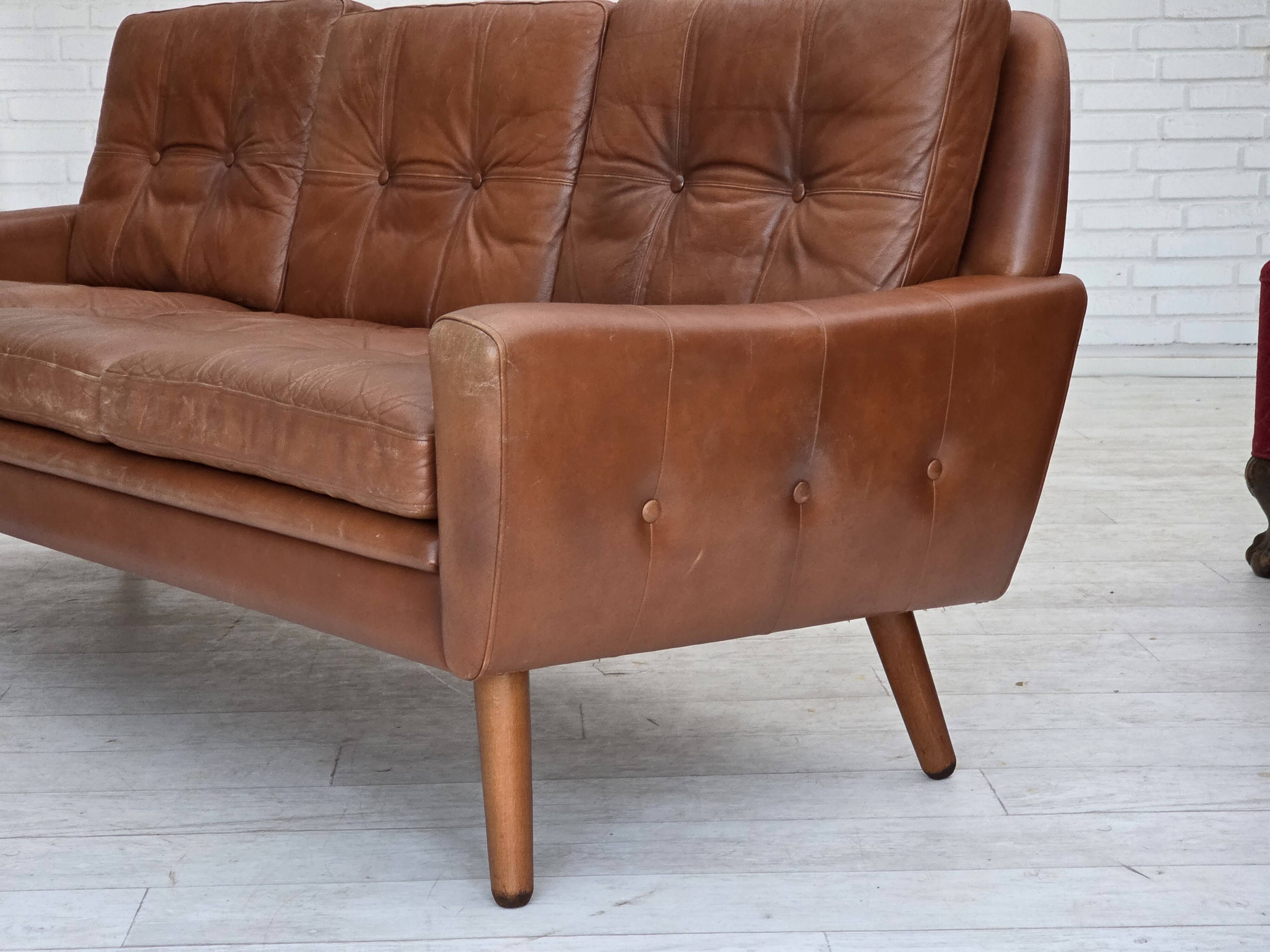 1970s, 3-seater Danish sofa, brown furniture leather with patina.