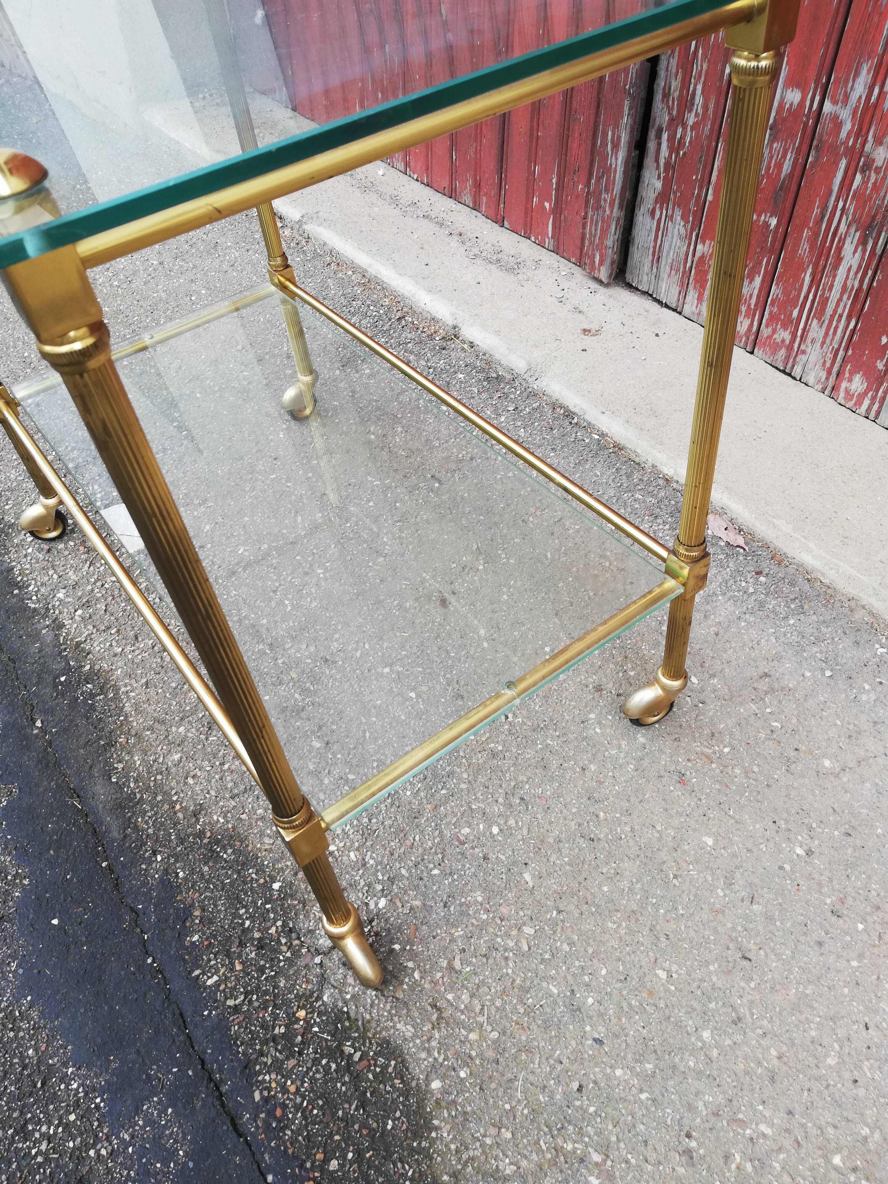 Desserte vintage laiton et 2 plateaux verre