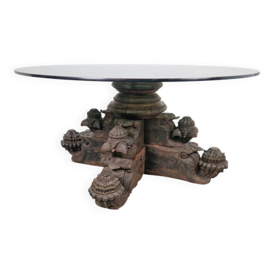 Table basse en bois dur et en verre sculptée à la main anglo-indienne, années 1890.