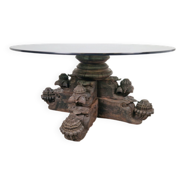 Table basse en bois dur et en verre sculptée à la main anglo-indienne, années 1890.