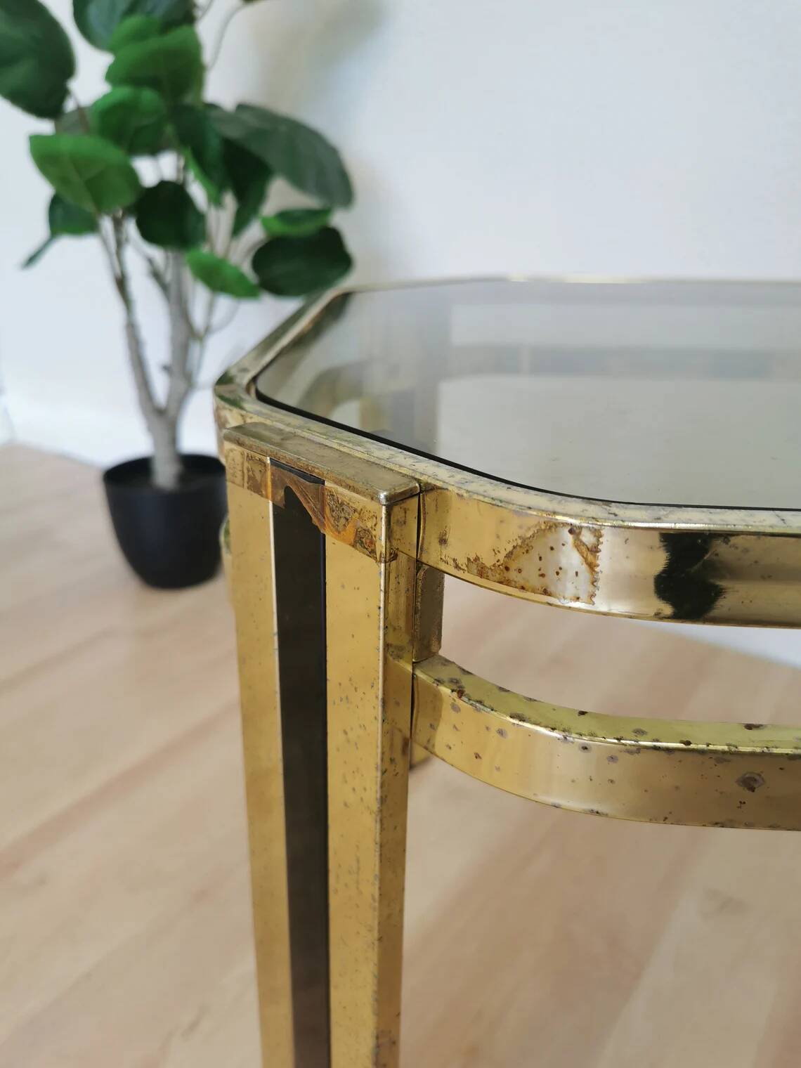 Vintage Brass & Smoked Glass Coffee Table: Mid-Century Italian End Table