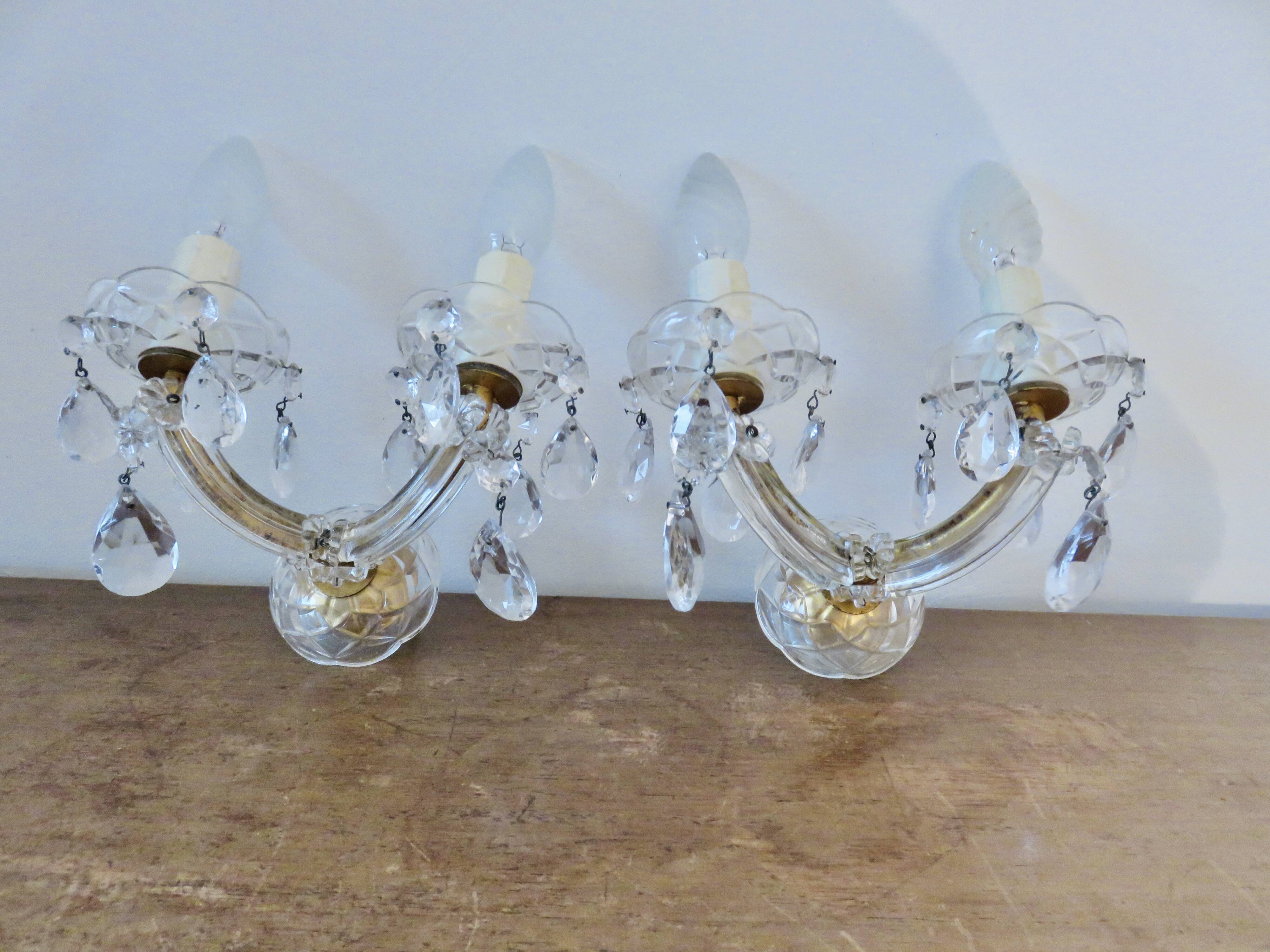 pair of double wall sconces with crystal pendants, made in Italy