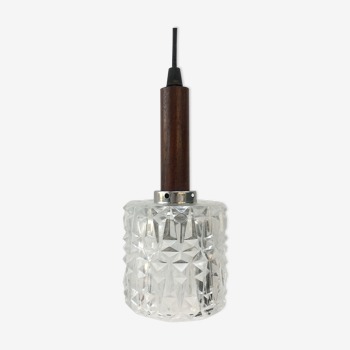 Scandinavian pendant lamp in molded glass and teak
