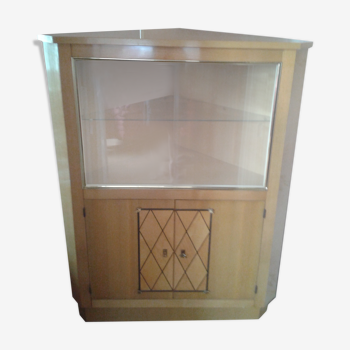 Meuble d'angle vintage avec vitrine en bois vitrifié