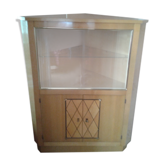 Meuble d'angle vintage avec vitrine en bois vitrifié