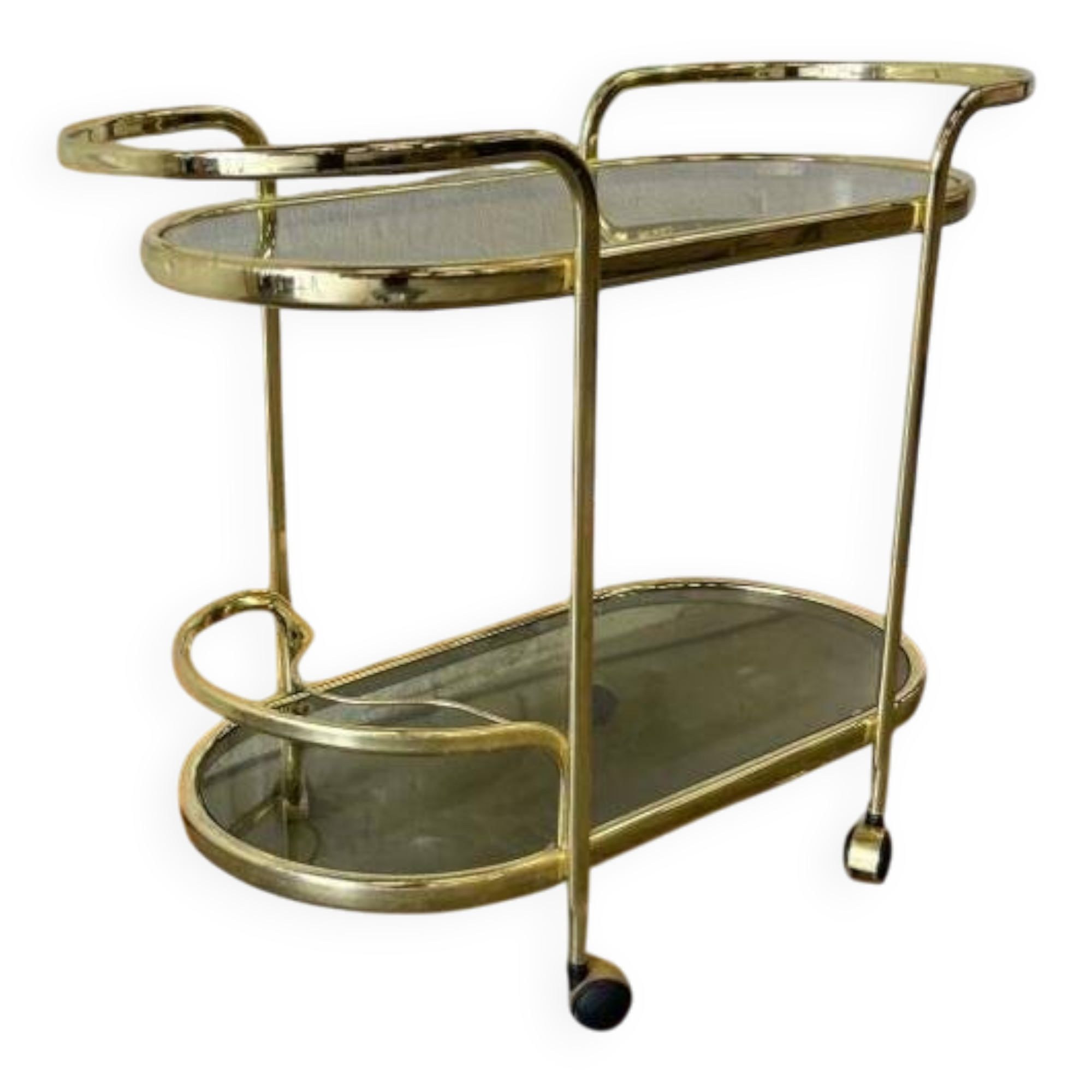 Vintage gold bar cart / side table with smoked glass