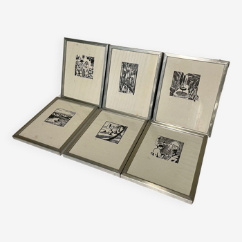 Ensemble de six linogravure art deco