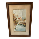Small bridge in venice watercolor signed f. jeannin big framed early twentieth century