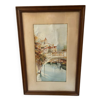 Petit pont à venise aquarelle signée f. jeannin gros encadré début xxe