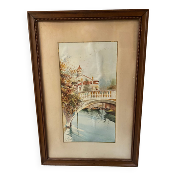 Petit pont à venise aquarelle signée f. jeannin gros encadré début xxe