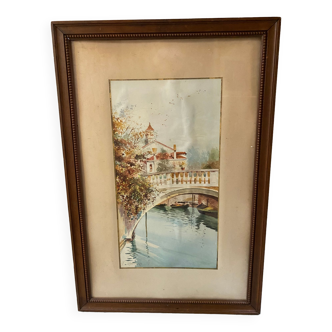 Small bridge in venice watercolor signed f. jeannin big framed early twentieth century
