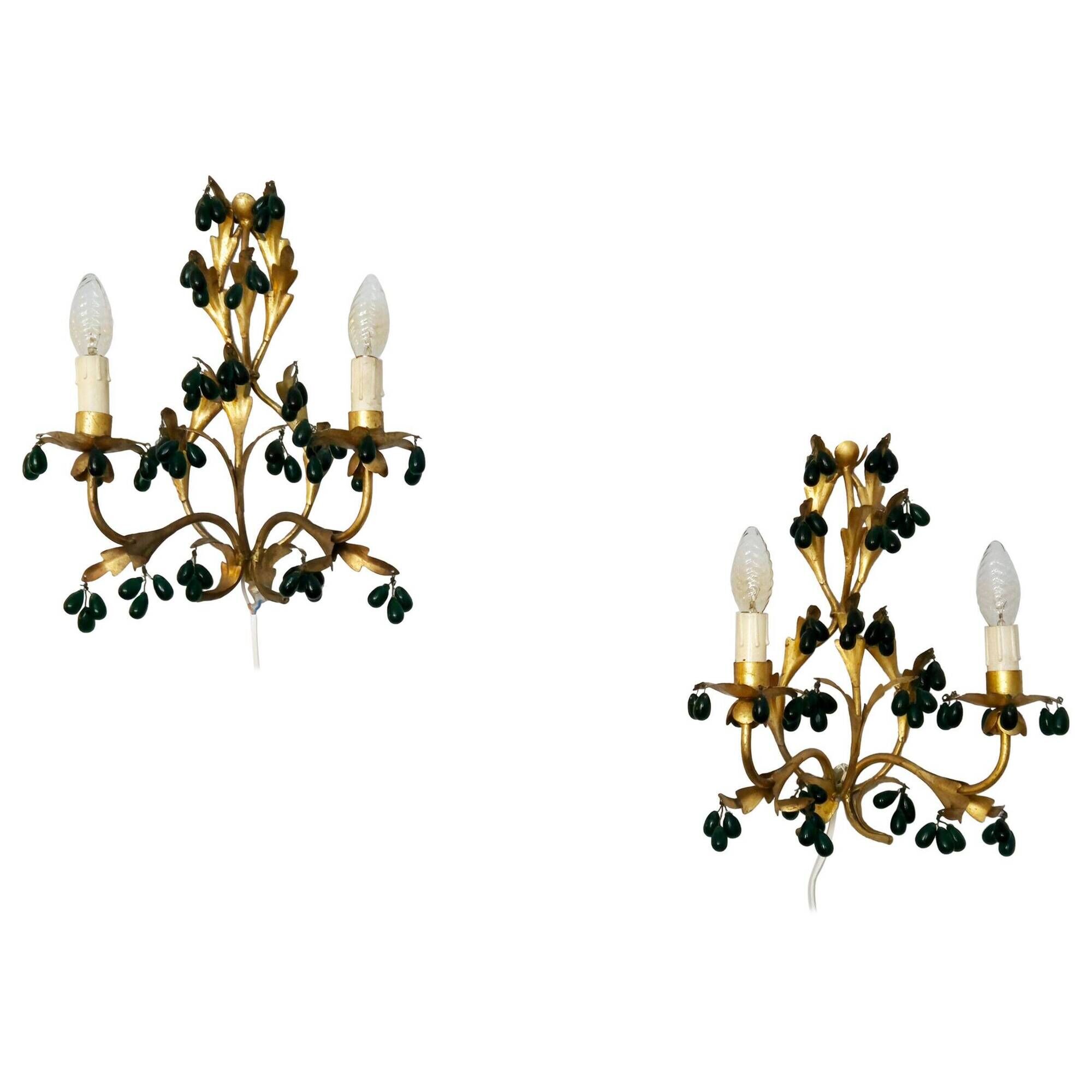 Lights, gold metal with green glass drops, Italy mid-1900s Regency.