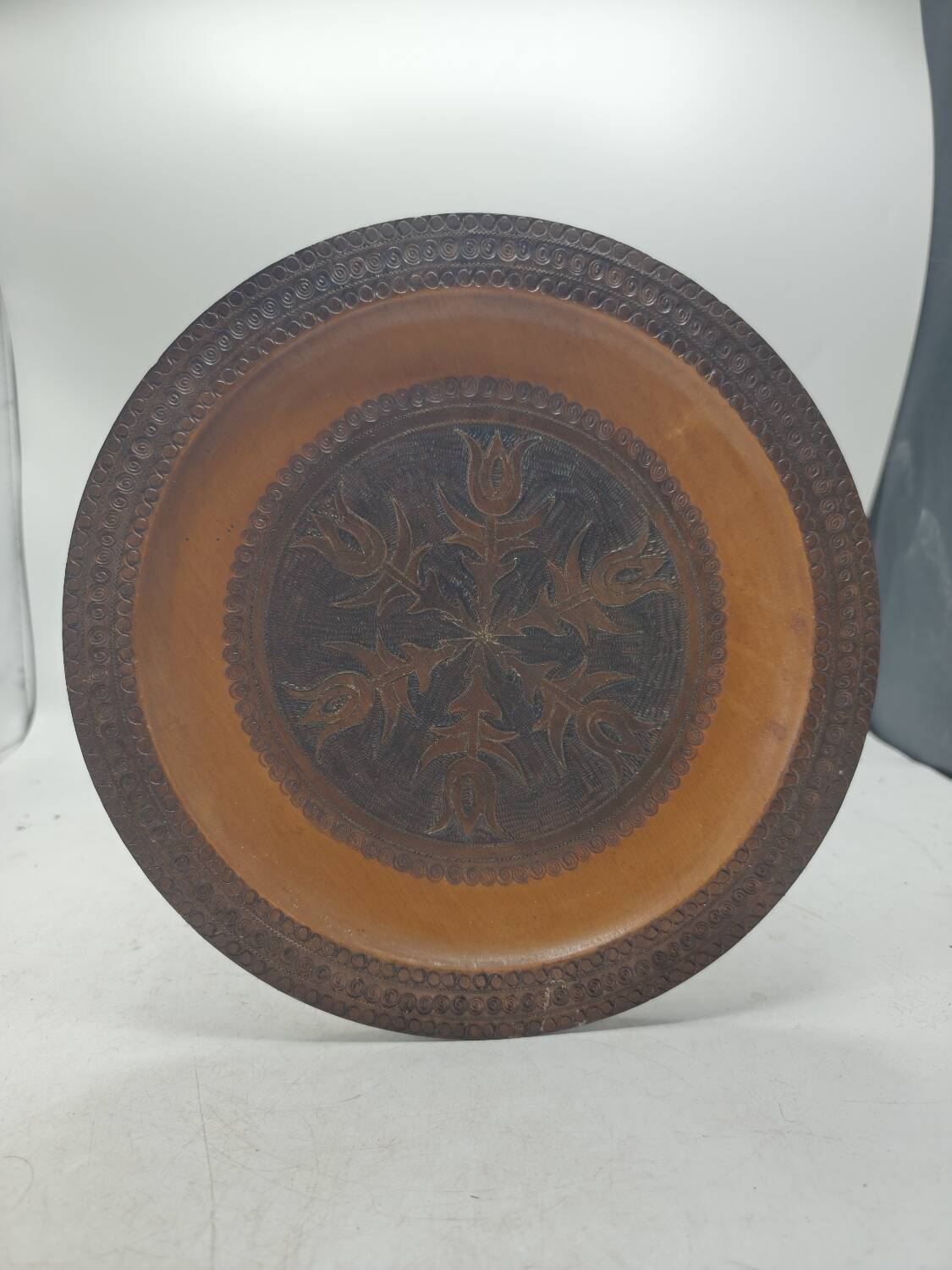 Vintage 1960s Hand-Carved Wooden Plate - Intricate Floral and Spiral