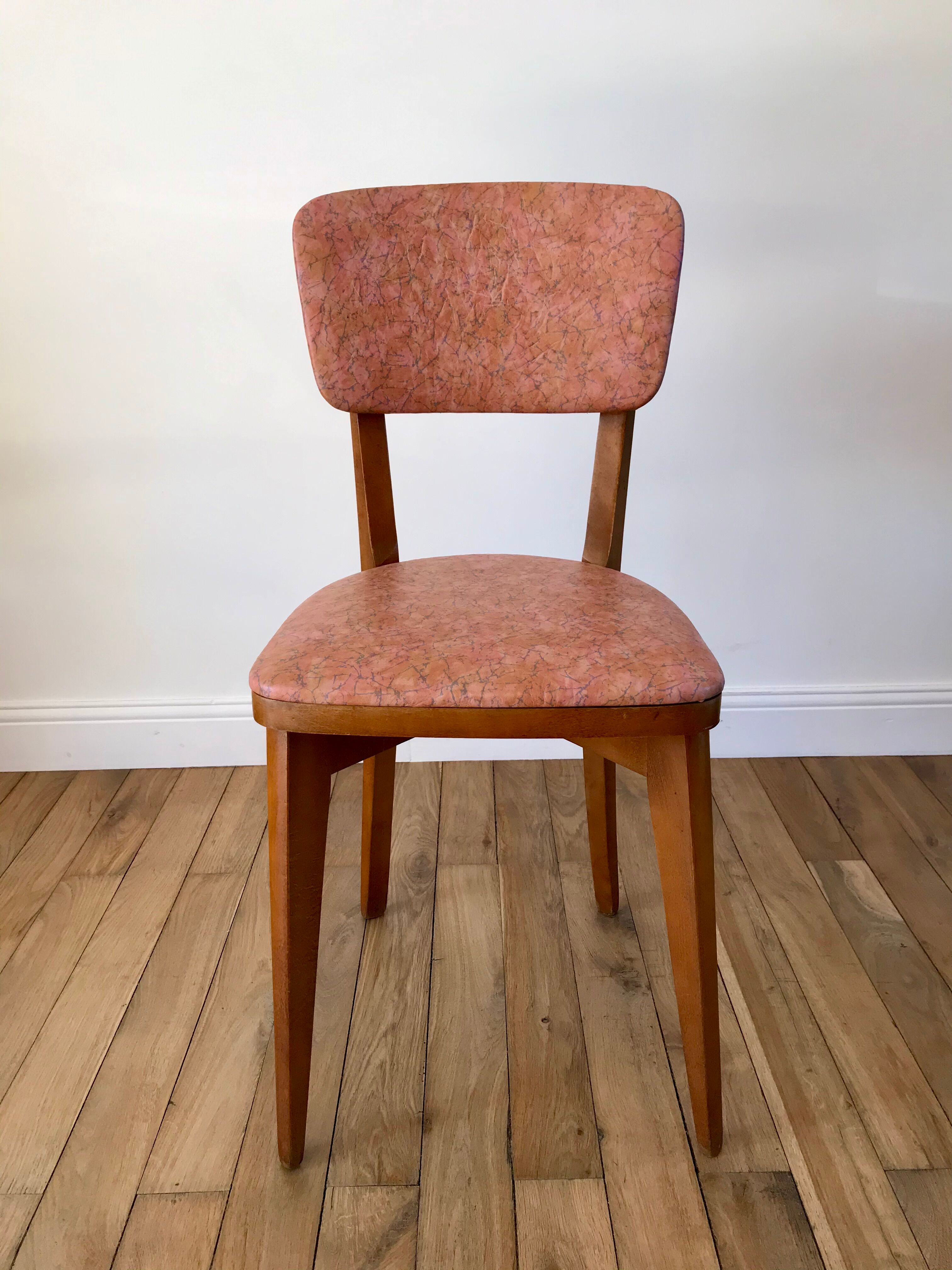 Set of 6 Scandinavian chairs in beech wood and pastel skaï 50s