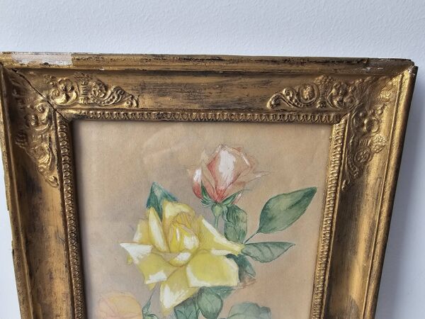 Tableau Aquarelle Fleurs roses Signé Simonne 1922 cadre bois doré