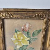 Watercolour painting of pink flowers signed Simonne 1922 in a gilded wooden frame.