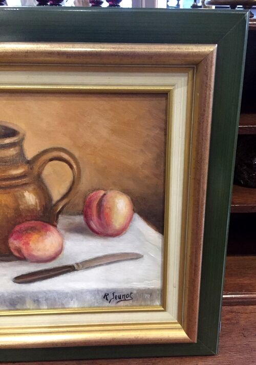 Very beautiful still life representing peaches, pears, knife and pitcher by Roland Jeunot