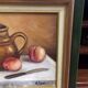 Very beautiful still life representing peaches, pears, knife and pitcher by Roland Jeunot