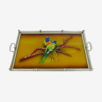 large art déco TRAY glass metal parrot motif 1920s 30s