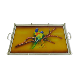 large art déco TRAY glass metal parrot motif 1920s 30s