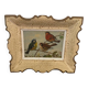 Vintage painting on panel of 3 tits on a branch.