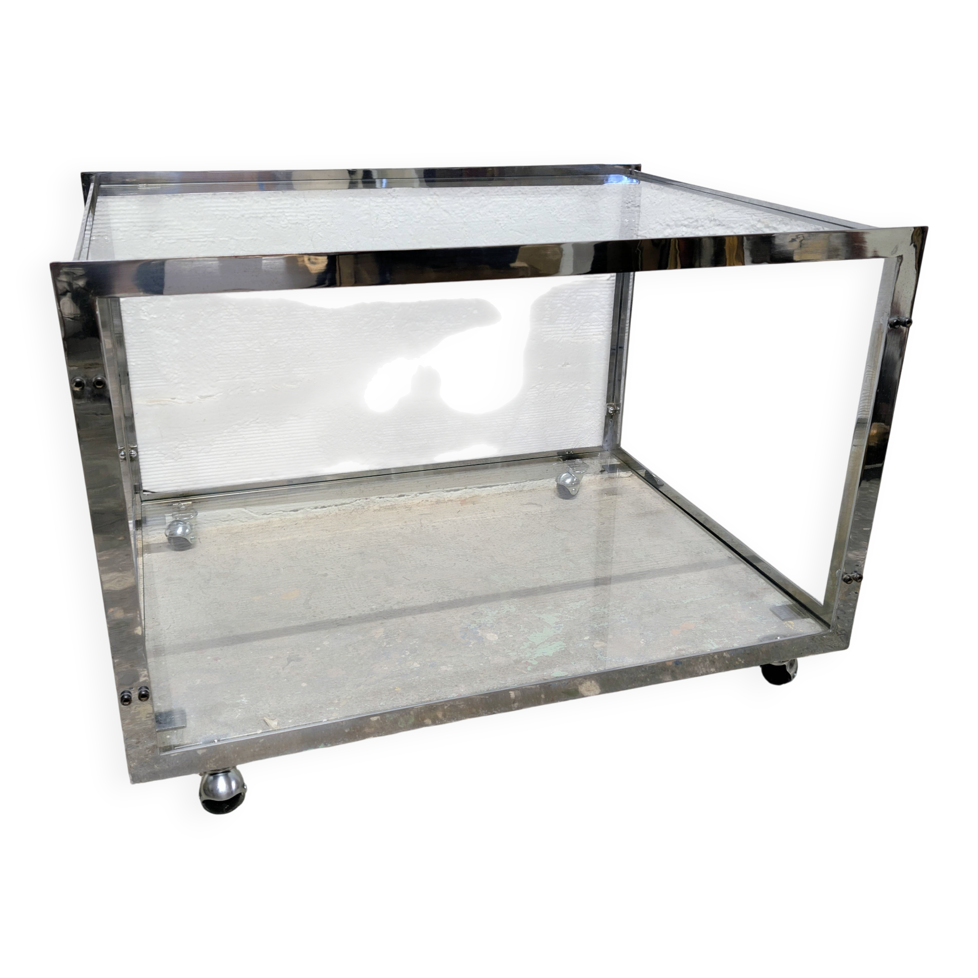 Table basse vintage chrome & verre Années 70