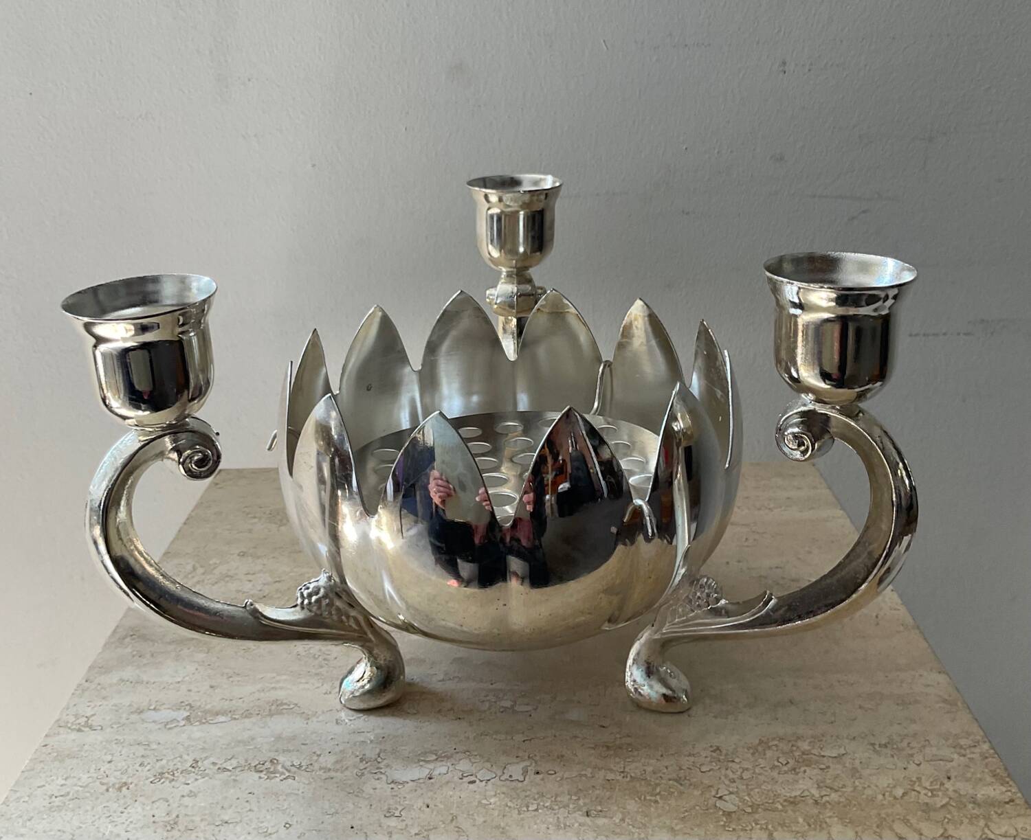 Lotus candle holder vintage spade flowers 3 lights silver metal