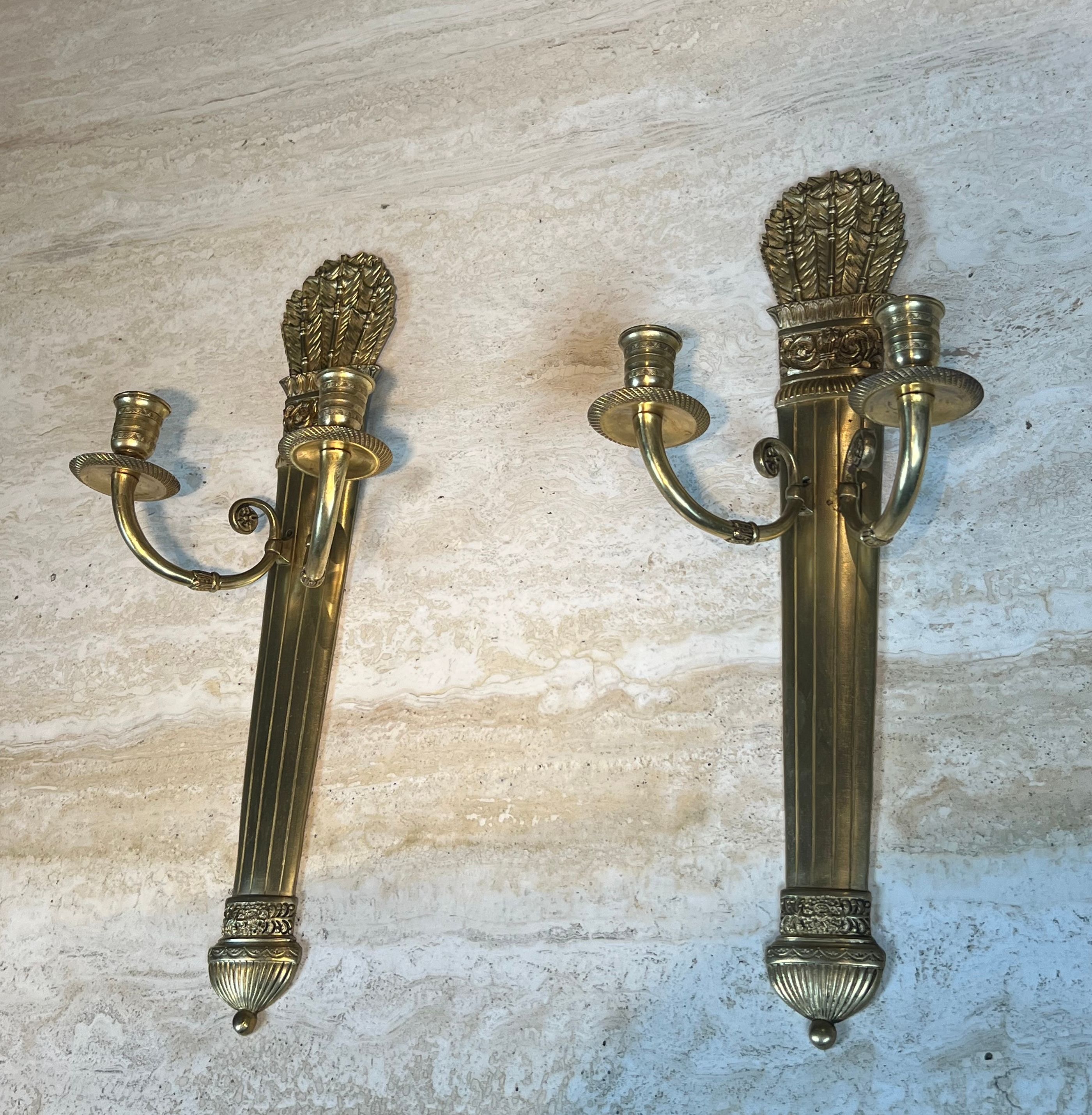 Pair of Empire style bronze wall sconces with quiver design.