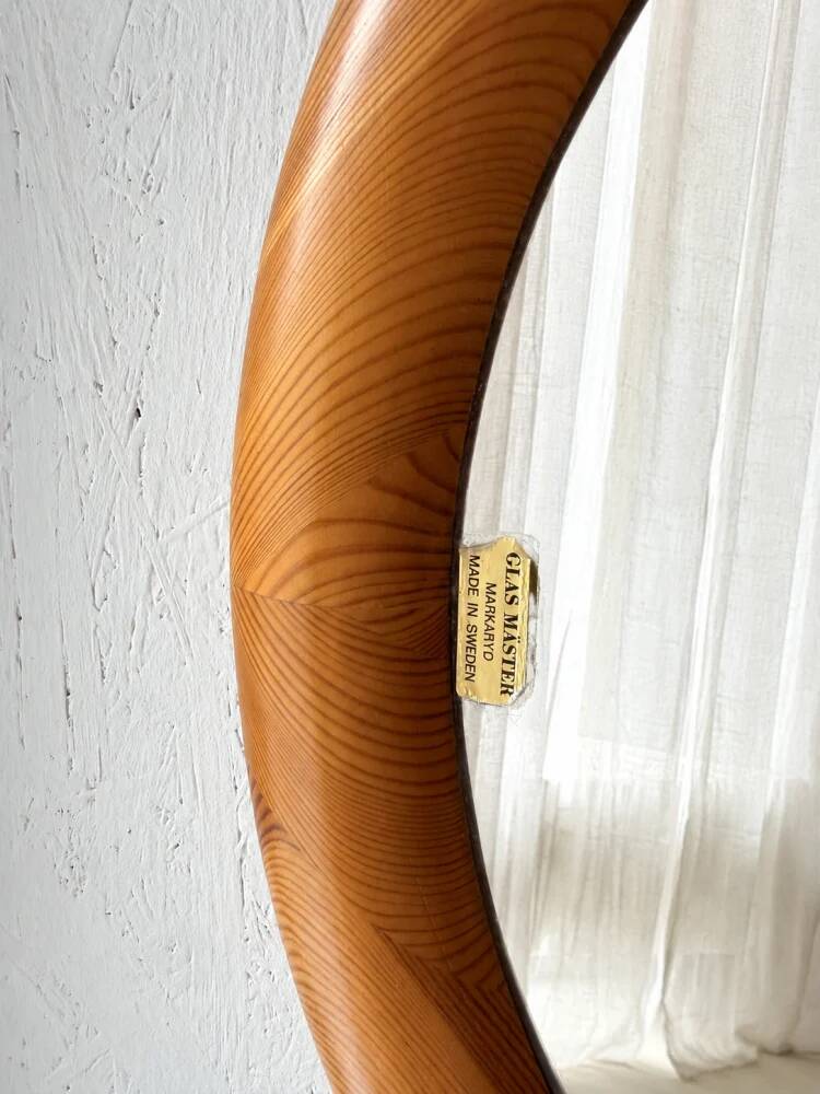 Oval pine mirror Glasmaster Markaryd Sweden 1970s