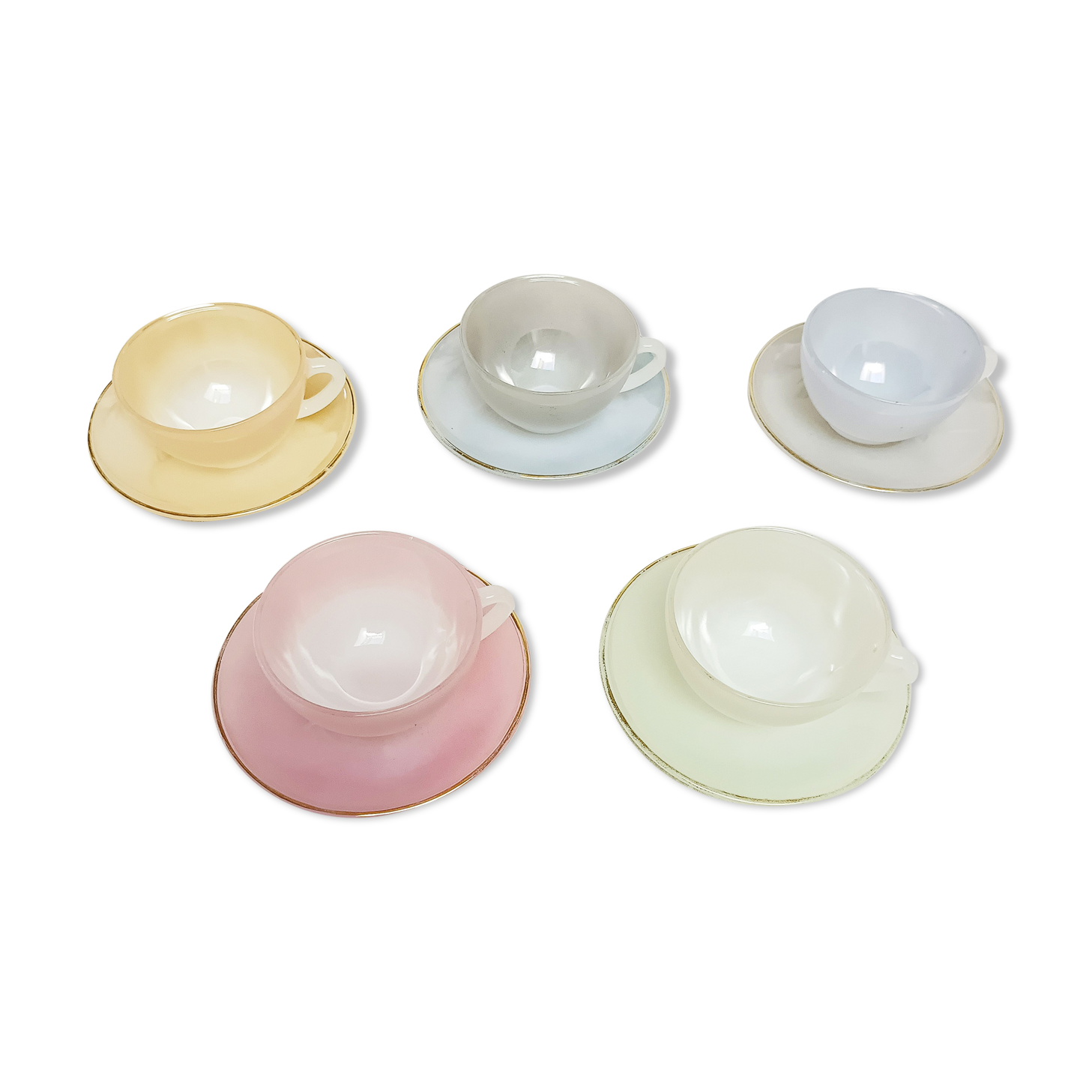 5 harlequin arcopal cups in opaline