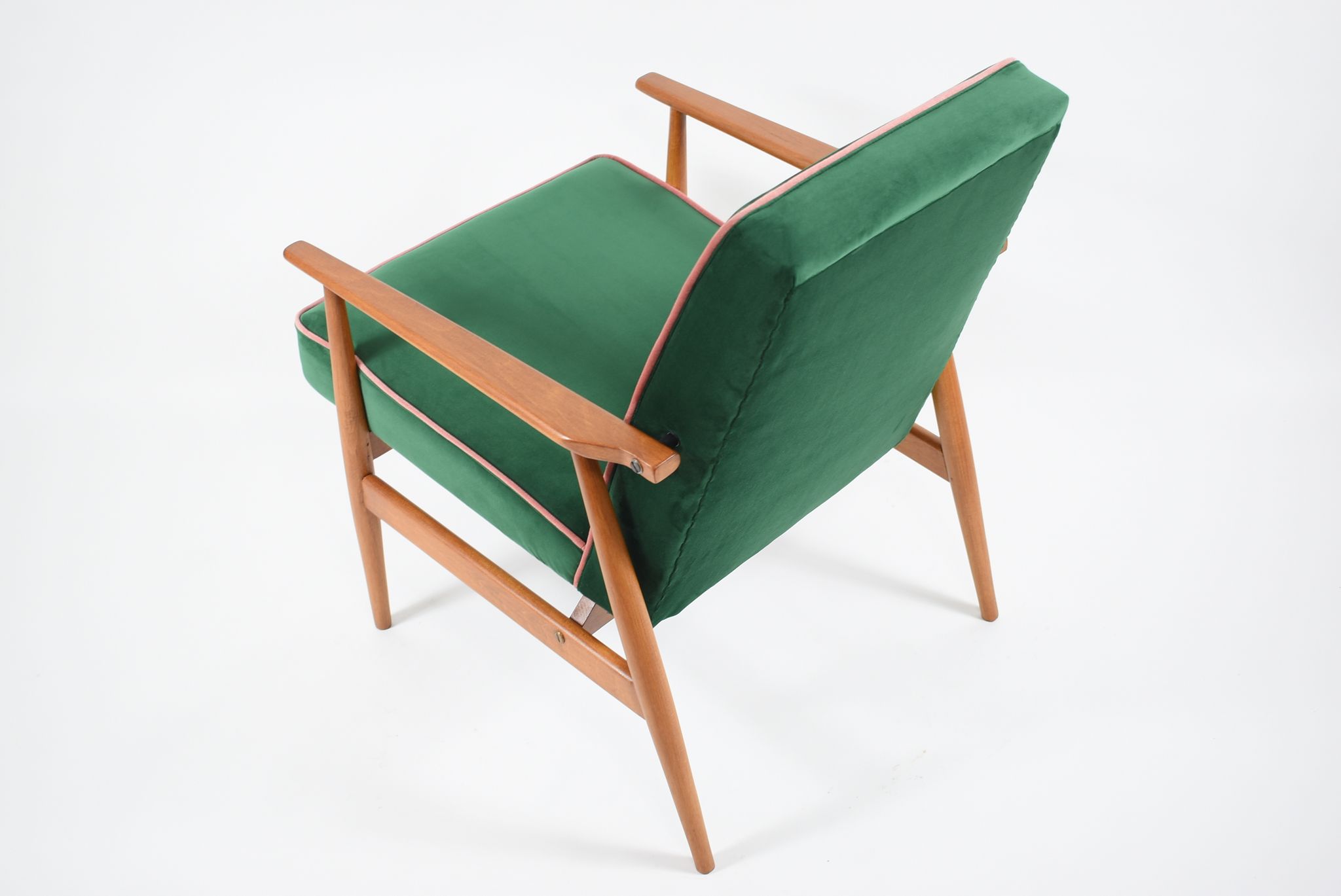 Vintage armchair, fully renovated, 1970s, green bottle velvet, pink edge
