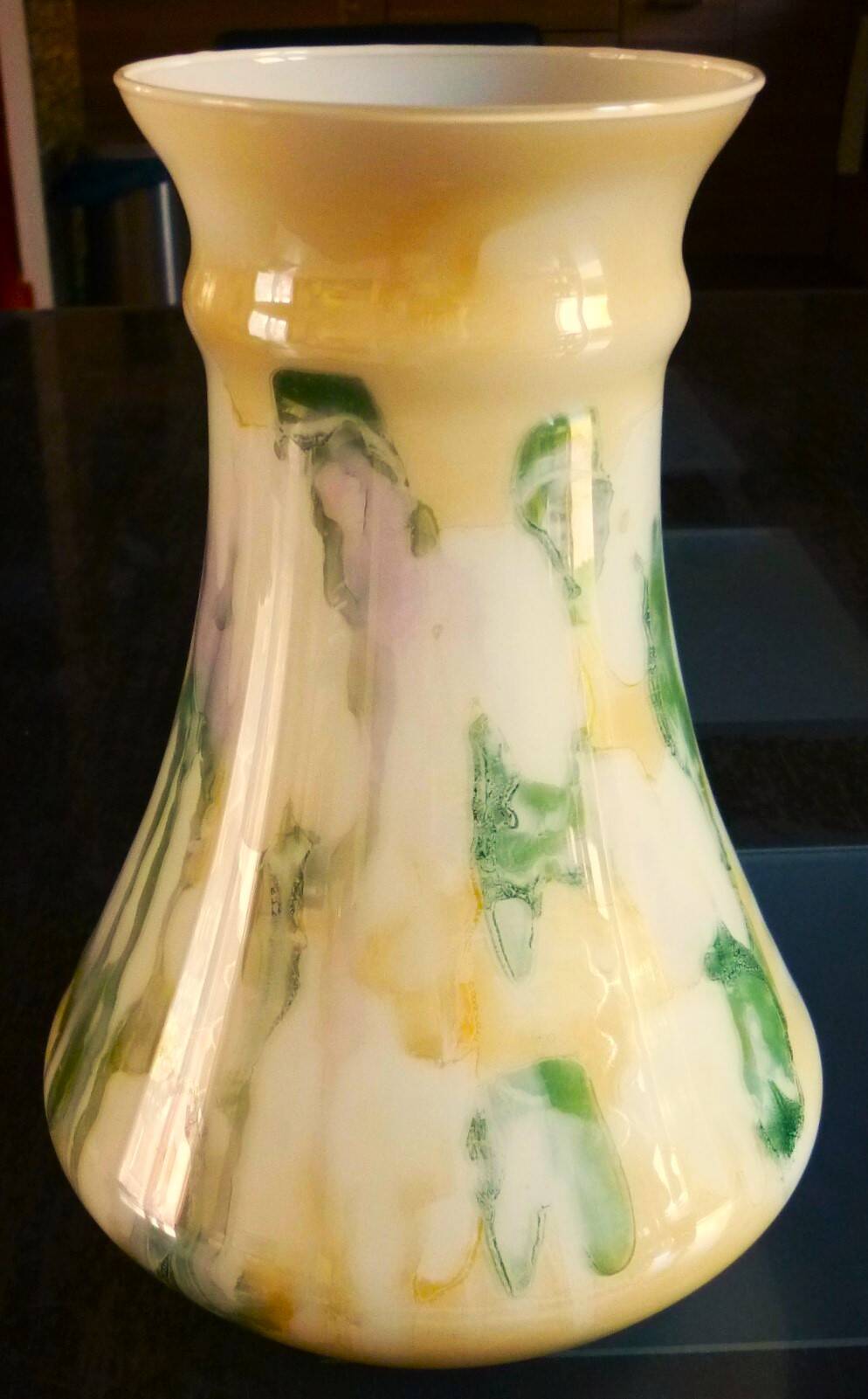 Large vase, blown glass with colored inclusions, Murano design from the 80s