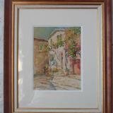 Aquarelle de Louis Houpin : rue du four falicon alpes maritimes 06, réencadrée bois et or