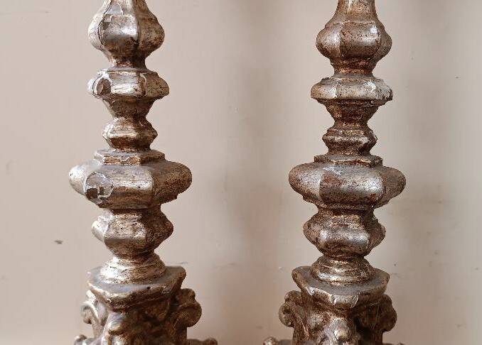 Pair of antique candlesticks from Italy, 18th century.