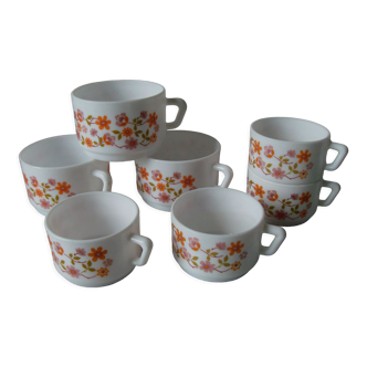 Lot de 7 tasses Arcopal France décor Scania floral fleuri années 1970/80