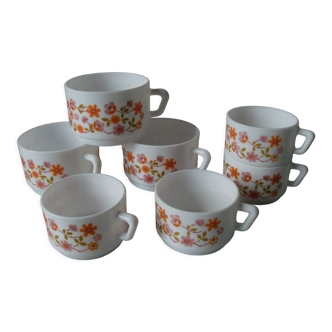 Set of 7 Arcopal cups France Scania floral decor 1970s/80s