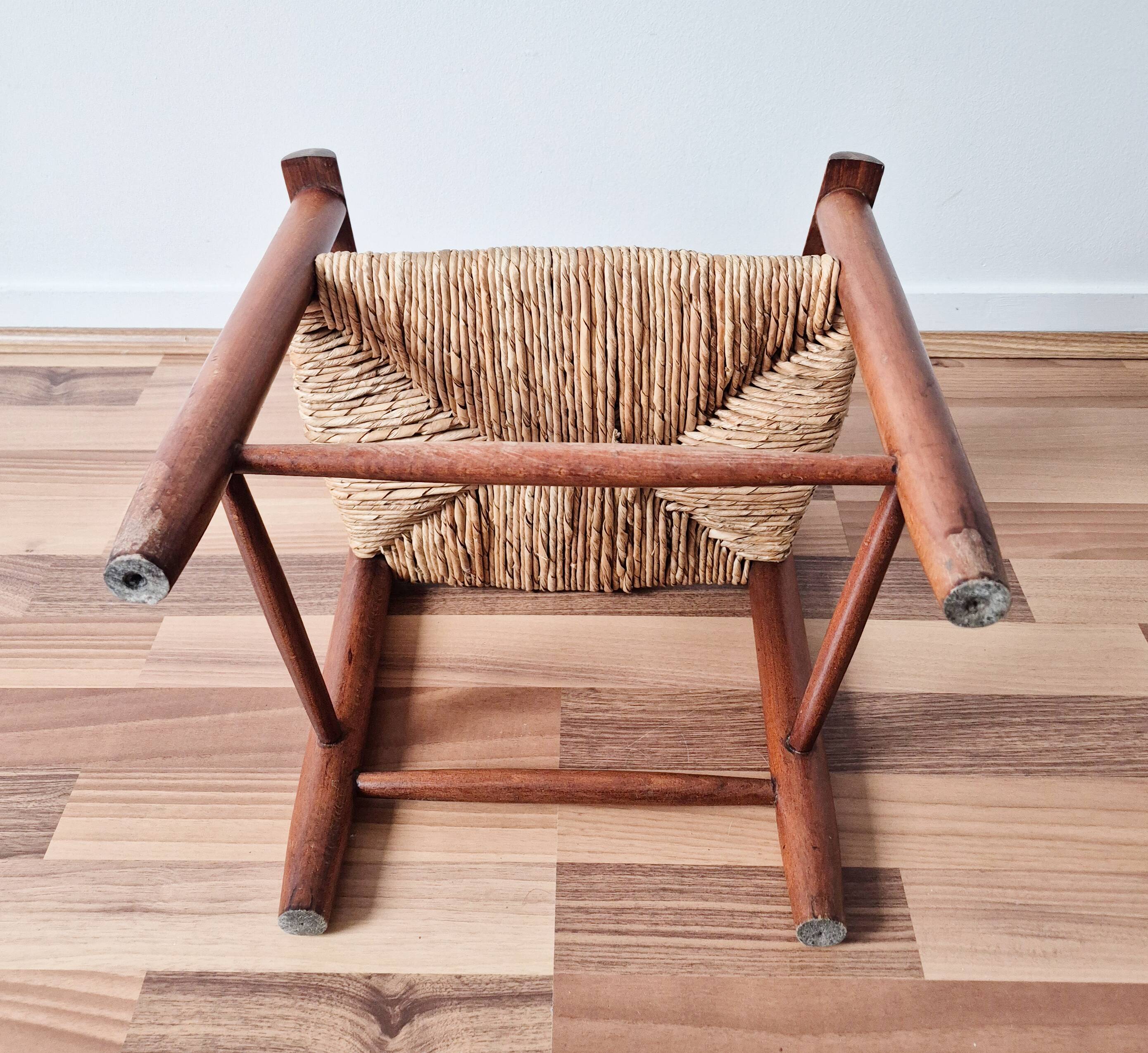 Vintage wooden and straw children's armchair